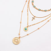 Fashion INS Multi-layer Small Hole Chain Hollow Flower Inlaid Diamond Cross Pendant Necklace for Women