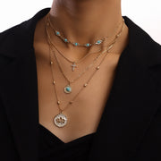 Fashion INS Multi-layer Small Hole Chain Hollow Flower Inlaid Diamond Cross Pendant Necklace for Women