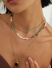 Designer Green Gemstone & Pearl Statement Necklace | Moss Agate, Aventurine & Sterling Silver