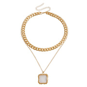 Double Layer Geometric Round White Mother-of-Pearl Pendant Necklace for Women Metal Thick Aluminum Chain Jewelry