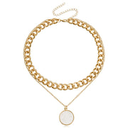 Double Layer Geometric Round White Mother-of-Pearl Pendant Necklace for Women Metal Thick Aluminum Chain Jewelry