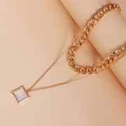 Double Layer Geometric Round White Mother-of-Pearl Pendant Necklace for Women Metal Thick Aluminum Chain Jewelry