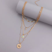 Fashion INS Multi-layer Small Hole Chain Hollow Flower Inlaid Diamond Cross Pendant Necklace for Women