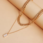 Double Layer Geometric Round White Mother-of-Pearl Pendant Necklace for Women Metal Thick Aluminum Chain Jewelry
