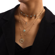 Fashion INS Multi-layer Small Hole Chain Hollow Flower Inlaid Diamond Cross Pendant Necklace for Women