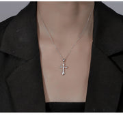 S925 Sterling Silver Cross Pendant Necklace for Women, European and American Style, Autumn and Winter Sweater Chain, Men's Light Luxury High-end Clavicle Chain Neck Chain
