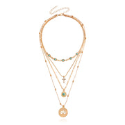 Fashion INS Multi-layer Small Hole Chain Hollow Flower Inlaid Diamond Cross Pendant Necklace for Women
