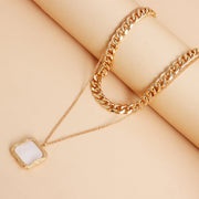 Double Layer Geometric Round White Mother-of-Pearl Pendant Necklace for Women Metal Thick Aluminum Chain Jewelry