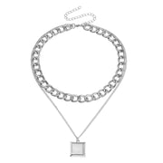 Double Layer Geometric Round White Mother-of-Pearl Pendant Necklace for Women Metal Thick Aluminum Chain Jewelry