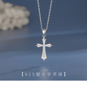 S925 Sterling Silver Cross Pendant Necklace for Women, European and American Style, Autumn and Winter Sweater Chain, Men's Light Luxury High-end Clavicle Chain Neck Chain