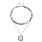 Double Layer Geometric Round White Mother-of-Pearl Pendant Necklace for Women Metal Thick Aluminum Chain Jewelry