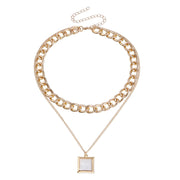Double Layer Geometric Round White Mother-of-Pearl Pendant Necklace for Women Metal Thick Aluminum Chain Jewelry