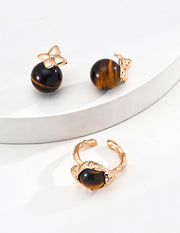 Golden Leaf Tiger's Eye & Natural Pearl Drop Earrings | S925 Silver | Vintage Statement Jewelry