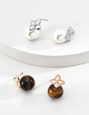 Golden Leaf Tiger's Eye & Natural Pearl Drop Earrings | S925 Silver | Vintage Statement Jewelry