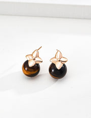 Golden Leaf Tiger's Eye & Natural Pearl Drop Earrings | S925 Silver | Vintage Statement Jewelry