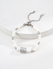Handmade Natural Freshwater Pearl Bracelet with Zircon Spacer Bead, Adjustable Slider Chain Pearl Jewelry for Women, Elegant Gift for Her