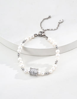 Handmade Natural Freshwater Pearl Bracelet with Zircon Spacer Bead, Adjustable Slider Chain Pearl Jewelry for Women, Elegant Gift for Her