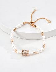 Handmade Natural Freshwater Pearl Bracelet with Zircon Spacer Bead, Adjustable Slider Chain Pearl Jewelry for Women, Elegant Gift for Her