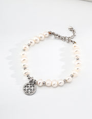 S925 Silver Natural Pearl Button Charm Bracelet
