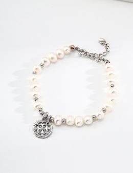 S925 Silver Natural Pearl Button Charm Bracelet