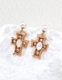 Mayite Cross Pearl Earrings in Sterling Silver – Vintage White Shell Dangle Earrings for Women