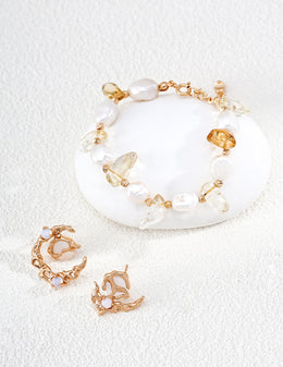 Mayite 18K Gold Plated S925 Silver Natural Pearl & Citrine Bracelet - Handcrafted Baroque Pearl & Raw Crystal Wealth Talisman