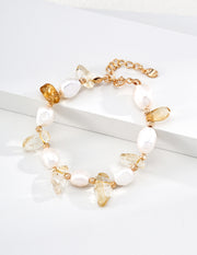 Mayite 18K Gold Plated S925 Silver Natural Pearl & Citrine Bracelet - Handcrafted Baroque Pearl & Raw Crystal Wealth Talisman