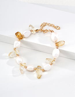 Mayite 18K Gold Plated S925 Silver Natural Pearl & Citrine Bracelet - Handcrafted Baroque Pearl & Raw Crystal Wealth Talisman