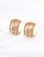 Mayite S925 Sterling Silver Brushed Starburst Hoop Earrings - Vintage Textured Gold Huggies with Sparkling Cubic Zirconia