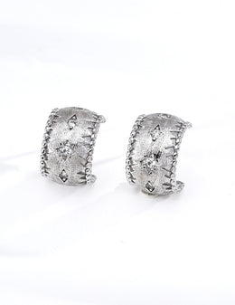 Mayite S925 Sterling Silver Brushed Starburst Hoop Earrings - Vintage Textured Gold Huggies with Sparkling Cubic Zirconia
