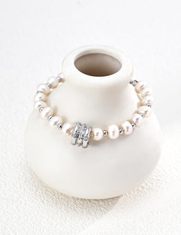 Mayite S925 Silver Vintage Star Wheel Lucky Bead Pearl Bracelet with Cubic Zirconia