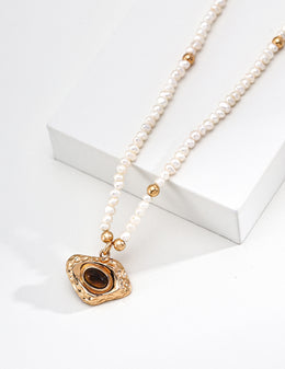 Mayite S925 Silver Vintage Textured Tiger Eye Pendant Natural Pearl Necklace