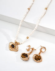 Mayite S925 Silver Vintage Textured Tiger Eye Pendant Natural Pearl Necklace