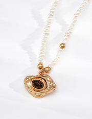 Mayite S925 Silver Vintage Textured Tiger Eye Pendant Natural Pearl Necklace