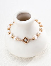 Mayite S925 Silver Vintage Clover Natural Pearl Bracelet with Cubic Zirconia