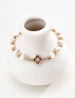 Mayite S925 Silver Vintage Clover Natural Pearl Bracelet with Cubic Zirconia