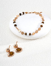 Mayite S925 Silver Vintage Shimmering Gold Disc Tiger Eye Natural Pearl Bracelet
