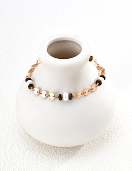 Mayite S925 Silver Vintage Shimmering Gold Disc Tiger Eye Natural Pearl Bracelet