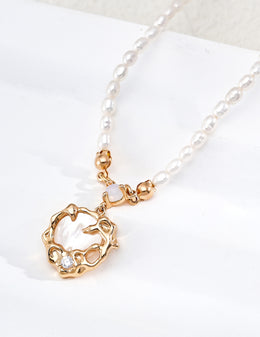 Mayite S925 Silver Vintage Lava Circle White Shell Pendant Natural Pearl Necklace with Synthetic Opal