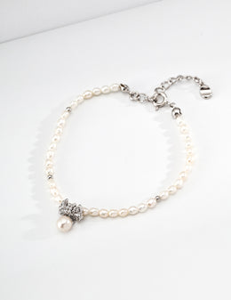 mayite French Vintage Ruffled Bowknot Pearl Bracelet - S925 Sterling Silver Ribbon Charm, Elegant Genuine Freshwater Pearl Dangle Bracelet for Women
