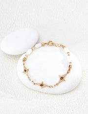 mayite Vintage Celestial Starburst Mother of Pearl Bracelet - S925 Sterling Silver Hollow North Star Charm, Delicate Genuine Pearl Bracelet for Women