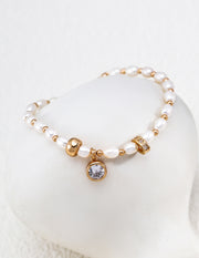 mayite Vintage Italian Solitaire CZ Pearl Charm Bracelet - S925 Sterling Silver Textured Spacer Beads & Genuine Freshwater Pearl Bracelet for Women
