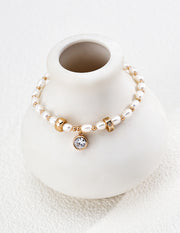 mayite Vintage Italian Solitaire CZ Pearl Charm Bracelet - S925 Sterling Silver Textured Spacer Beads & Genuine Freshwater Pearl Bracelet for Women