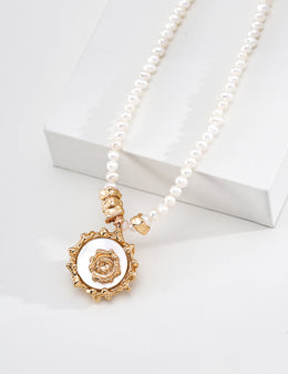 mayite Modern Baroque Molten Sun Medallion Pearl Necklace - S925 Sterling Silver Sculptural Sol Pendant, Genuine Freshwater Pearl Choker Gift for Women