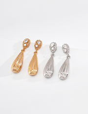 mayite Zen Pleated Raindrop Dangle Earrings - S925 Sterling Silver Vintage Ribbed Waterdrop Earrings, Sparkling CZ Oriental Talisman Gift