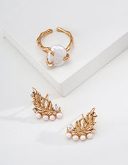 mayite Eastern Abundance Wheat Leaf Pearl Earrings - S925 Sterling Silver Vintage Sculptled Feather Climber Studs, Sparkling CZ Oriental Zen Gift