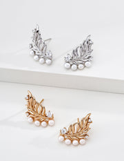 mayite Eastern Abundance Wheat Leaf Pearl Earrings - S925 Sterling Silver Vintage Sculptled Feather Climber Studs, Sparkling CZ Oriental Zen Gift