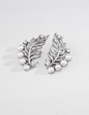 mayite Eastern Abundance Wheat Leaf Pearl Earrings - S925 Sterling Silver Vintage Sculptled Feather Climber Studs, Sparkling CZ Oriental Zen Gift