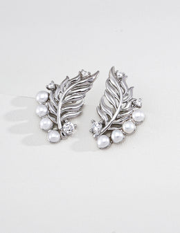 mayite Eastern Abundance Wheat Leaf Pearl Earrings - S925 Sterling Silver Vintage Sculptled Feather Climber Studs, Sparkling CZ Oriental Zen Gift