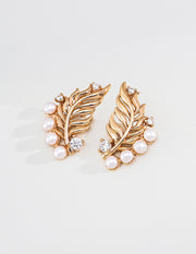 mayite Eastern Abundance Wheat Leaf Pearl Earrings - S925 Sterling Silver Vintage Sculptled Feather Climber Studs, Sparkling CZ Oriental Zen Gift